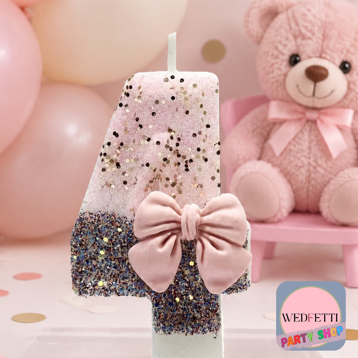 Pink & Silver Glitter Number Birthday Candle with Bow