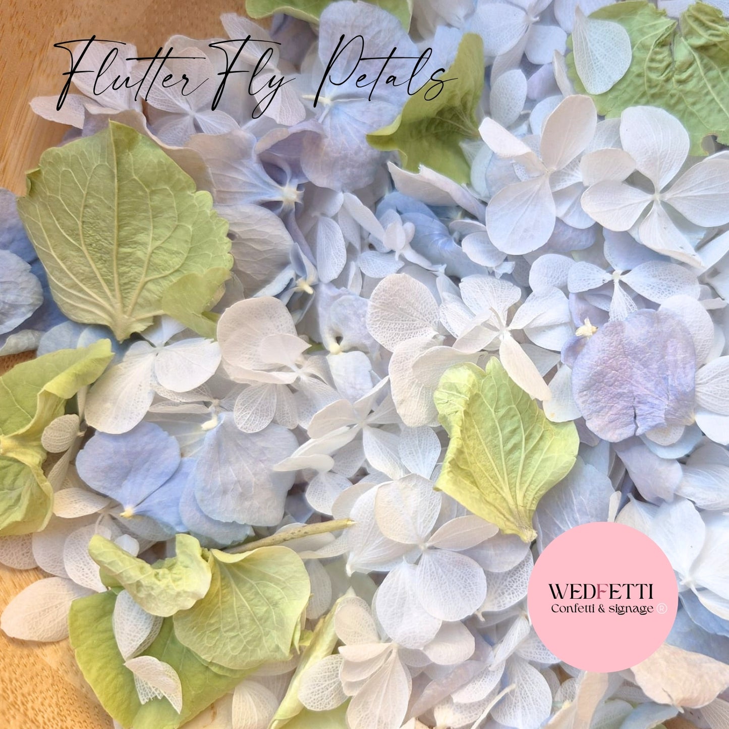 FlutterFly® Petal Confetti - Dusty Blue green white Hydrangea mix