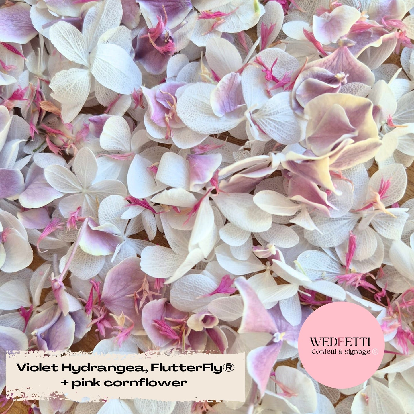 SLOW FALLING PETALS Freeze dried violet hydrangea + FlutterFly® + Pink cornflower