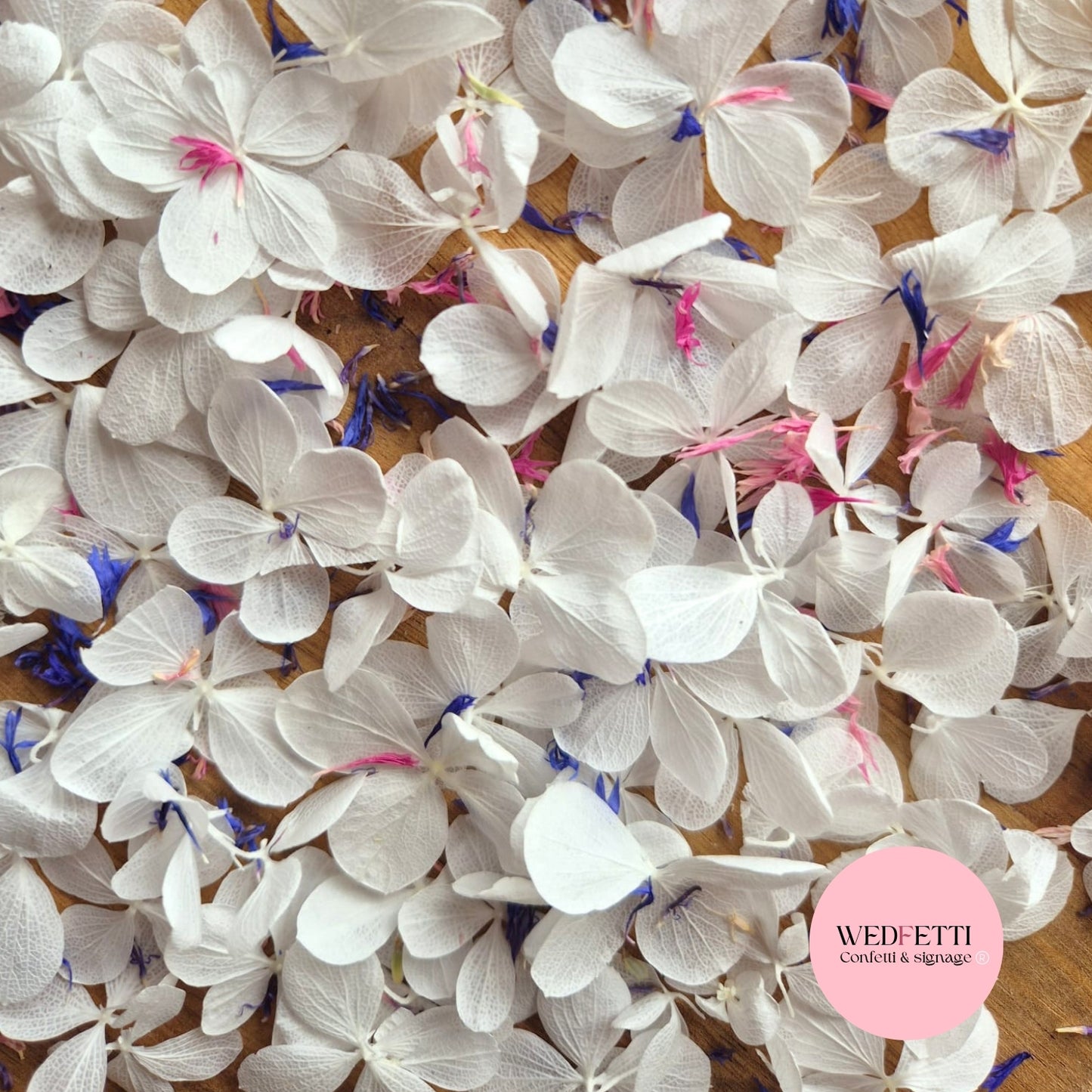 FlutterFly® Petal Confetti - Pure white + Blue & Pink Cornflower