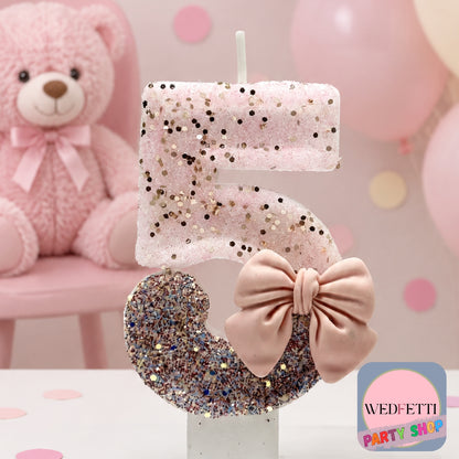 Pink & Silver Glitter Number Birthday Candle with Bow
