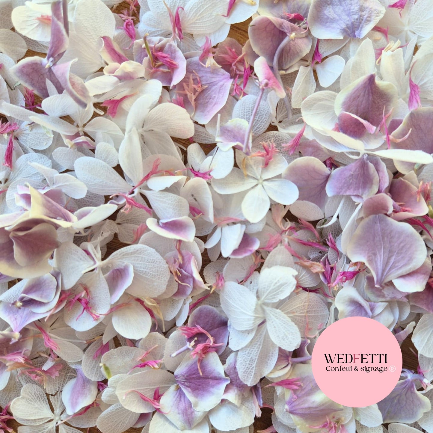 SLOW FALLING PETALS Freeze dried violet hydrangea + FlutterFly® + Pink cornflower