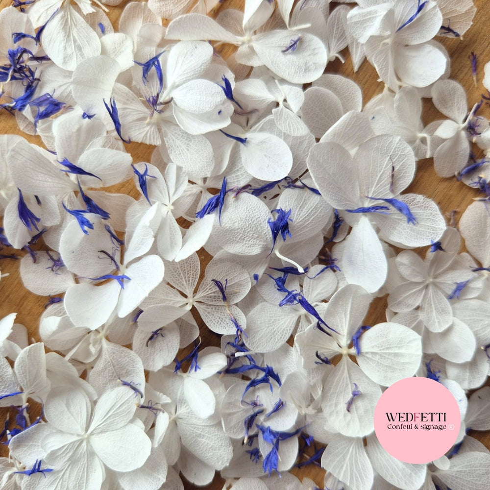 FlutterFly® Petal Confetti - Pure white + Blue Cornflower