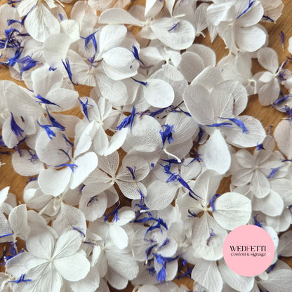 FlutterFly® Petal Confetti - Pure white + Blue Cornflower