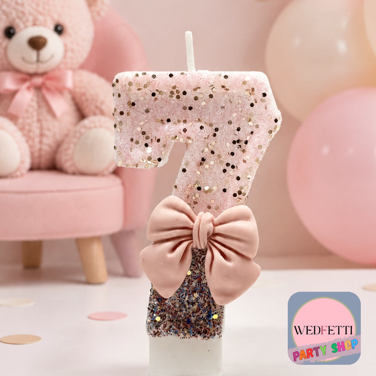 Pink & Silver Glitter Number Birthday Candle with Bow