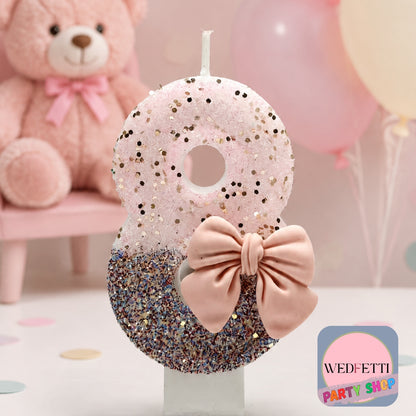 Pink & Silver Glitter Number Birthday Candle with Bow