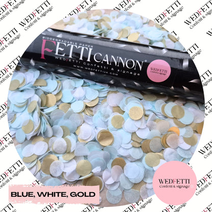 Gender reveal Biodegradable Confetti Cannon - Blue, White + Gold