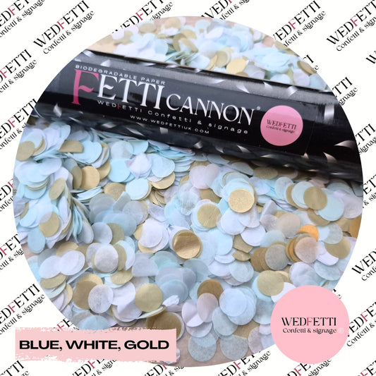 Gender reveal Biodegradable Confetti Cannon - Blue, White + Gold