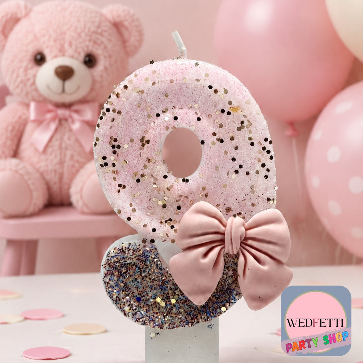 Pink & Silver Glitter Number Birthday Candle with Bow