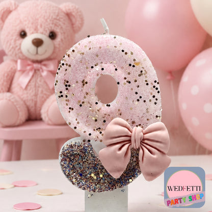 Pink & Silver Glitter Number Birthday Candle with Bow