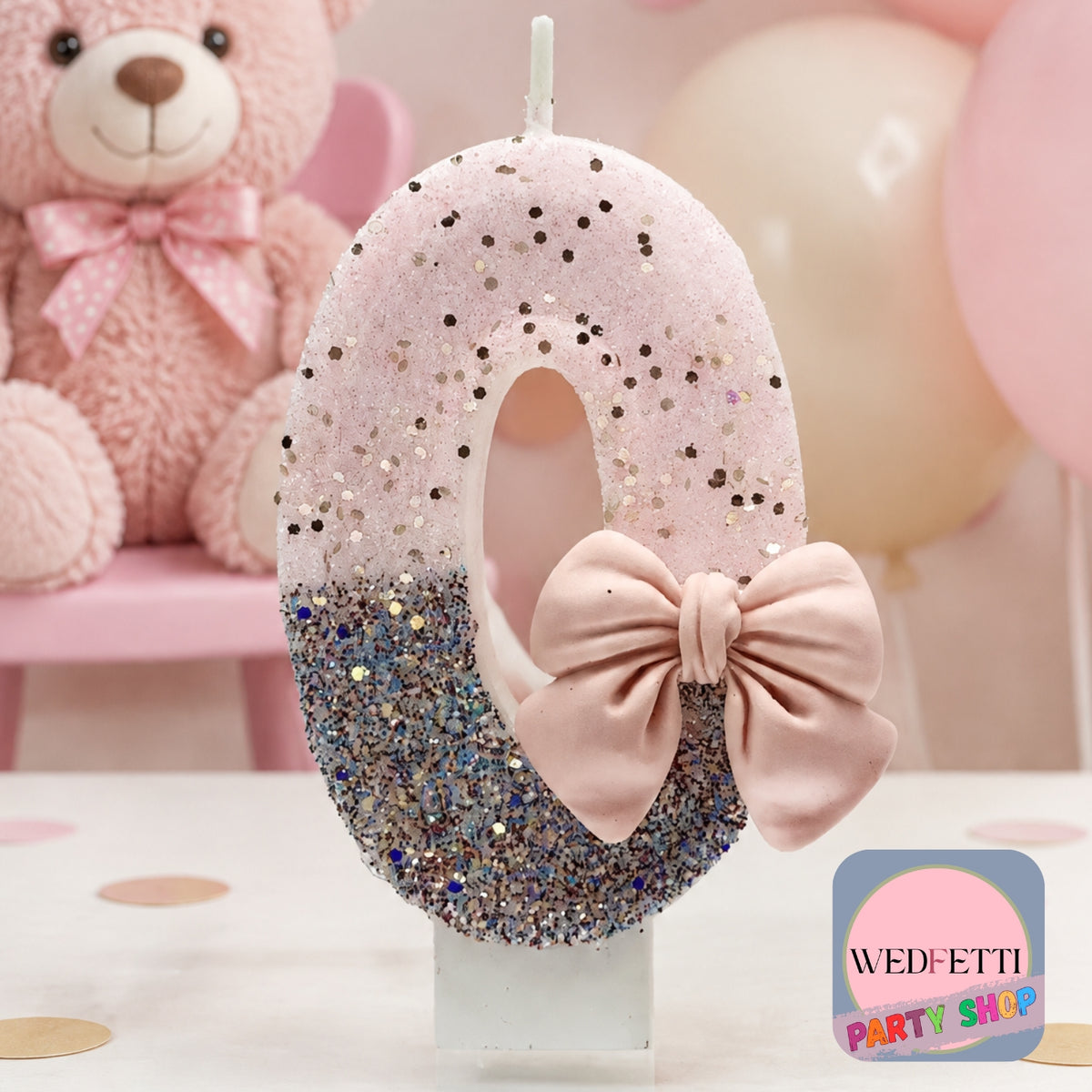 Pink & Silver Glitter Number Birthday Candle with Bow