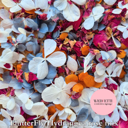 FlutterFly + Burgundy Rose, Dusty Blue & Burnt Orange petals
