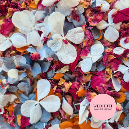 FlutterFly + Burgundy Rose, Dusty Blue & Burnt Orange petals