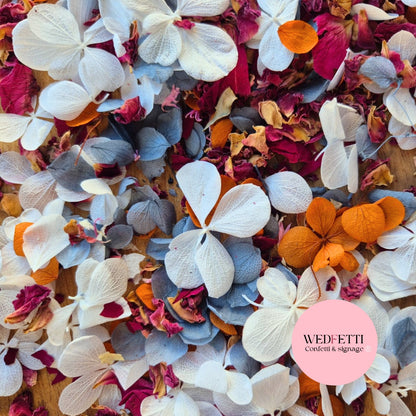 FlutterFly + Burgundy Rose, Dusty Blue & Burnt Orange petals
