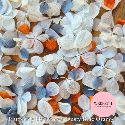 Pure White FlutterFly Petal Confetti + Dusty Blue Burnt Orange