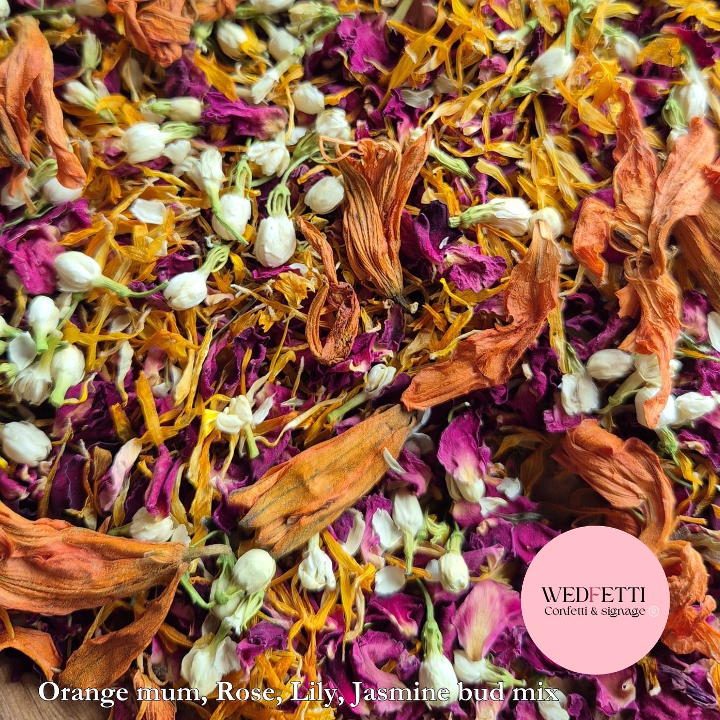 Petal Confetti - Burgundy rose petals, Lily, Jasmine & Orange Mums