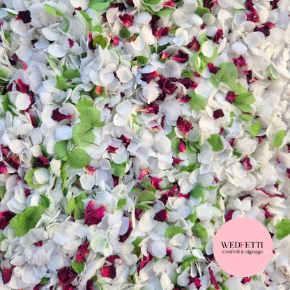 Snow Petal Confetti® - White Green + Burgundy Rose petals