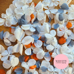 Pure White FlutterFly® Petal Confetti + Dusty Blue Burnt Orange