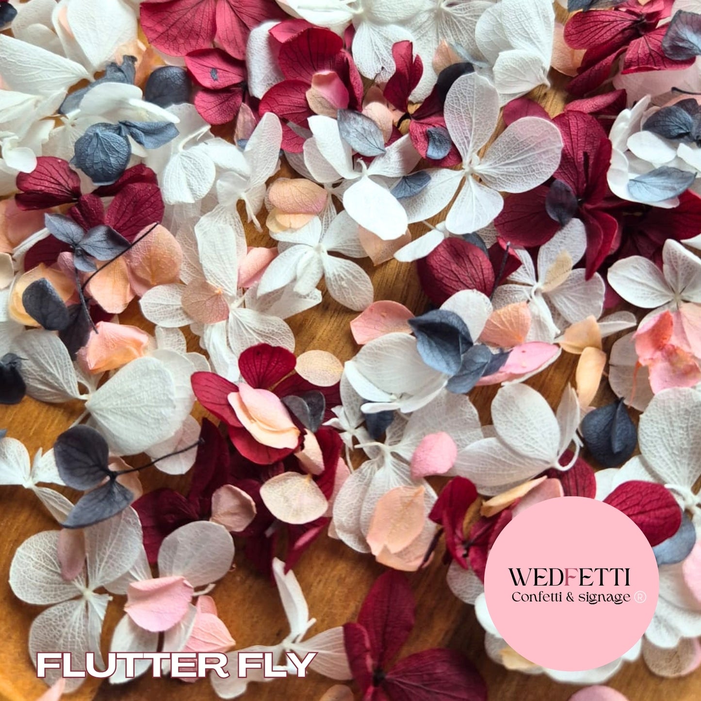 FlutterFly® Petal Confetti - Burgundy White + Dusty Blue Peach Gradient