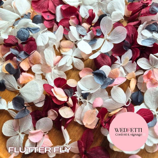 FlutterFly® Petal Confetti - Burgundy White + Dusty Blue Peach Gradient