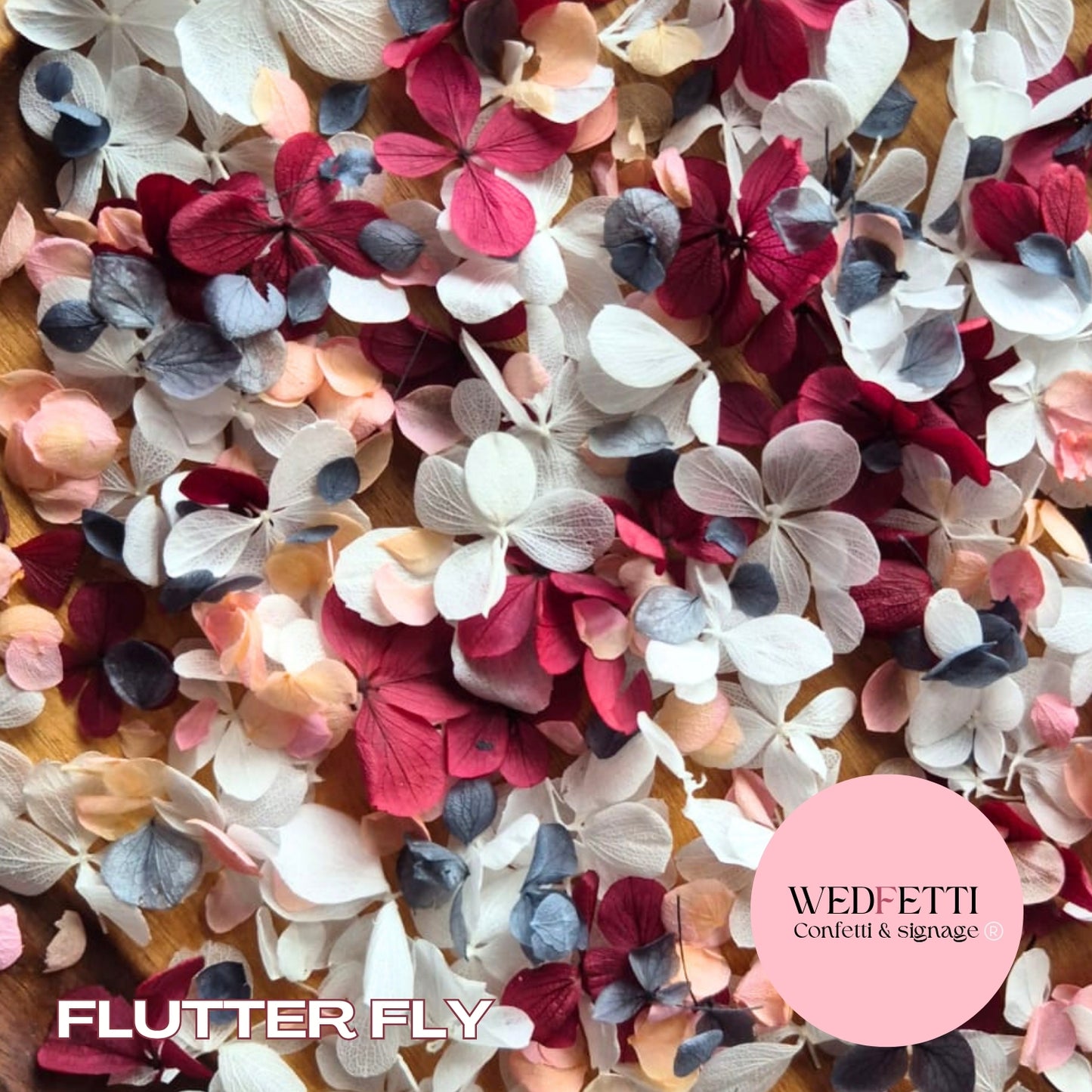 FlutterFly® Petal Confetti - Burgundy White + Dusty Blue Peach Gradient