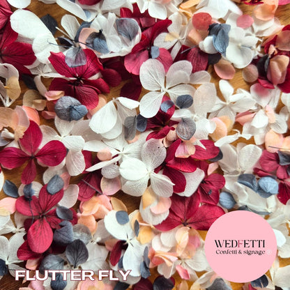 FlutterFly® Petal Confetti - Burgundy White + Dusty Blue Peach Gradient