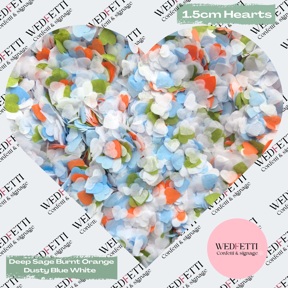 Paper Confetti hearts 1.5cm - Deep Sage Burnt orange Dusty Blue white