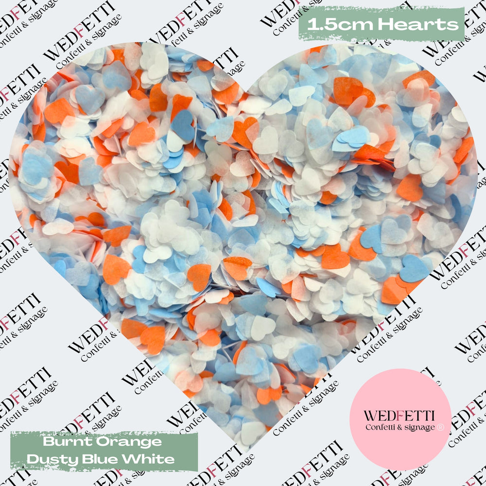 Paper Confetti hearts 1.5cm - Burnt orange Dusty Blue White