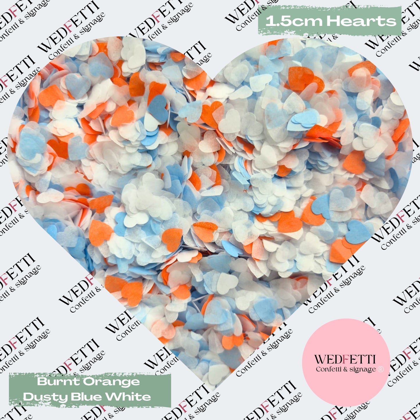 Paper Confetti hearts 1.5cm - Burnt orange Dusty Blue White