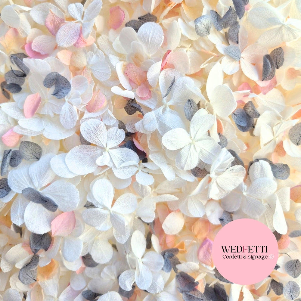 FlutterFly® Petal Confetti - White + Peach Gradient Dusty Blue Snow Petals