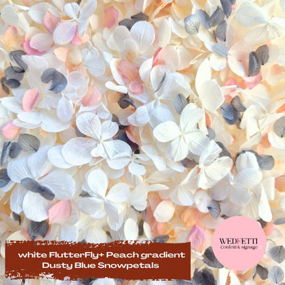 FlutterFly® Petal Confetti - White + Peach Gradient Dusty Blue Snow Petals