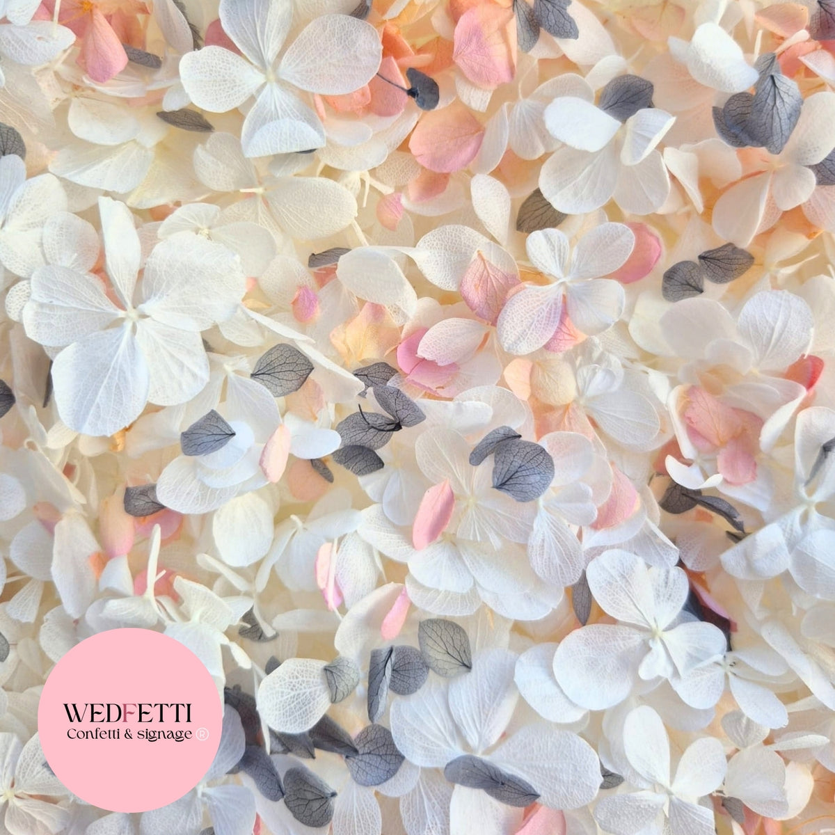 FlutterFly® Petal Confetti - White + Peach Gradient Dusty Blue Snow Petals