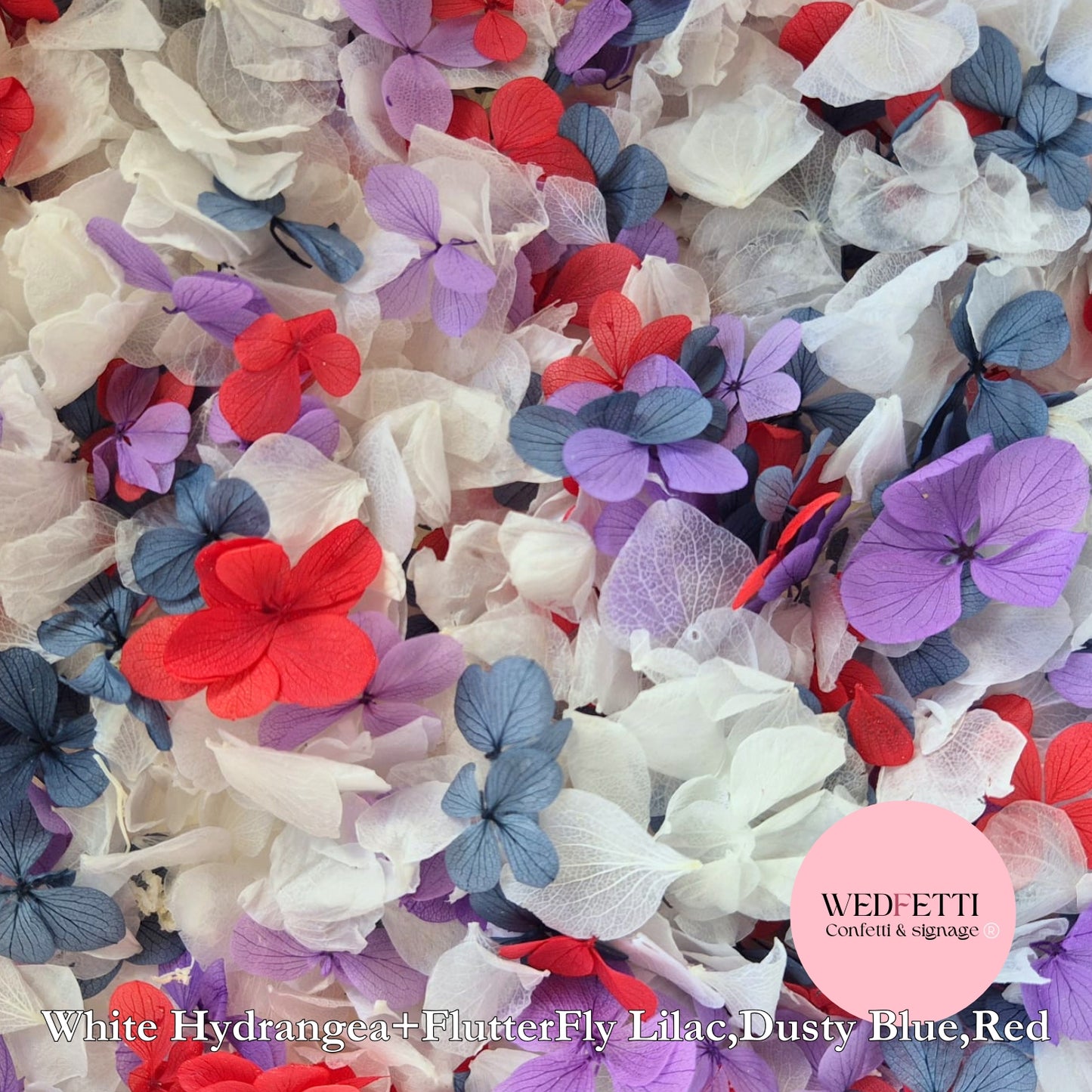 Petal Confetti hydrangea - Red,Lilac,Dusty Blue FlutterFly + White Hydrangea