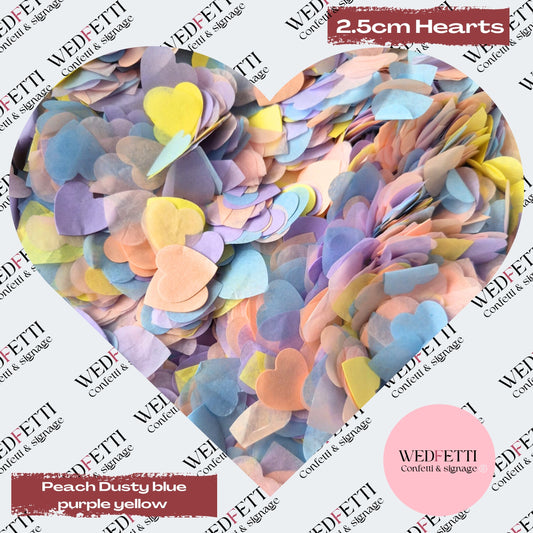 Biodegradable paper Confetti hearts - Peach Dusty Blue purple yellow
