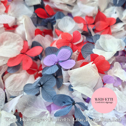 Petal Confetti hydrangea - Red,Lilac,Dusty Blue FlutterFly + White Hydrangea