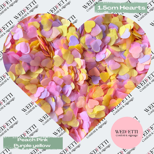 Paper Confetti hearts 1.5cm - Peach Pink Purple Yellow
