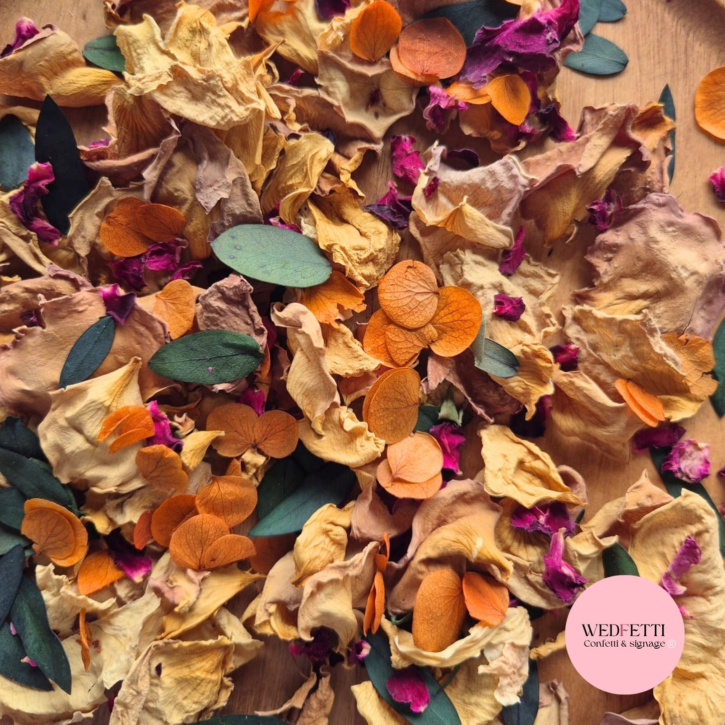 Light Tan Rose petals + Eucalyptus & small burgundy Rose + Burnt Orange SnowPetals