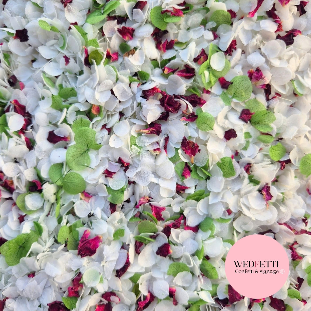 Snow Petal Confetti® - White Green + Burgundy Rose petals