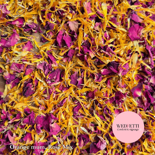 Petal Confetti - Burgundy red small rose petals & Orange Mums