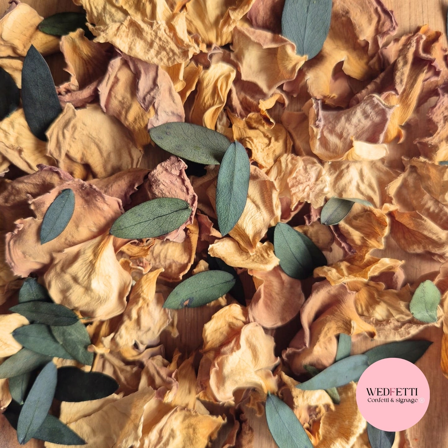 Light Tan Rose petals + Eucalyptus