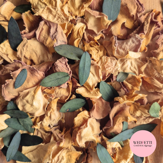Light Tan Rose petals + Eucalyptus