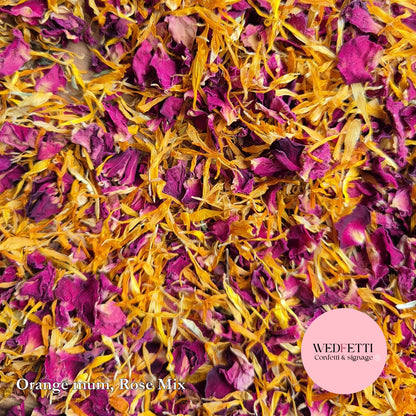 Petal Confetti - Burgundy red small rose petals & Orange Mums
