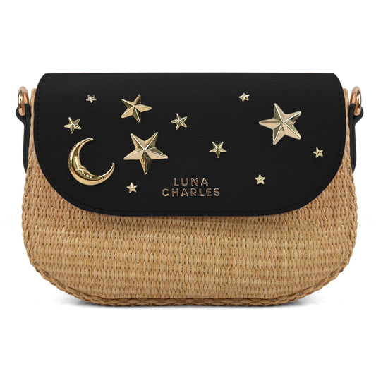 Elena Star Studded Rattan Handbag - Black & Gold