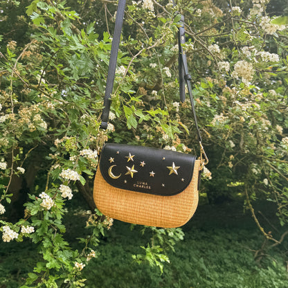 Elena Star Studded Rattan Handbag - Black & Gold