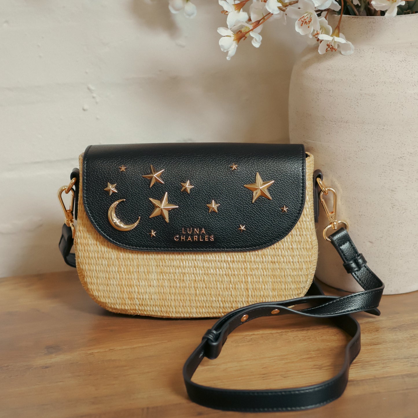 Elena Star Studded Rattan Handbag - Black & Gold