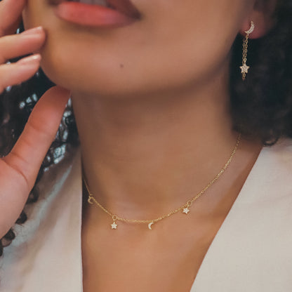 Imogen Moon & Star Drop Chain Earrings | 18k Gold Plated