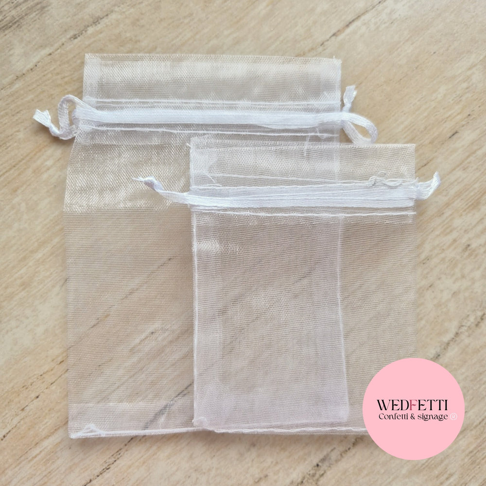 White sheer drawstring organza bags (empty)