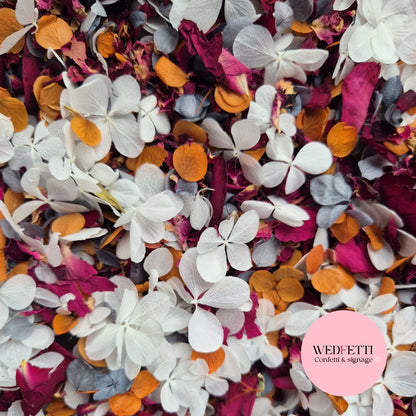 FlutterFly® + Burgundy Rose, Dusty Blue & Burnt Orange petals