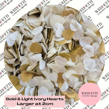 Slow falling paper Confetti larger at 2cm - Gold & Light Ivory Hearts - WedFetti Confetti & Signage
