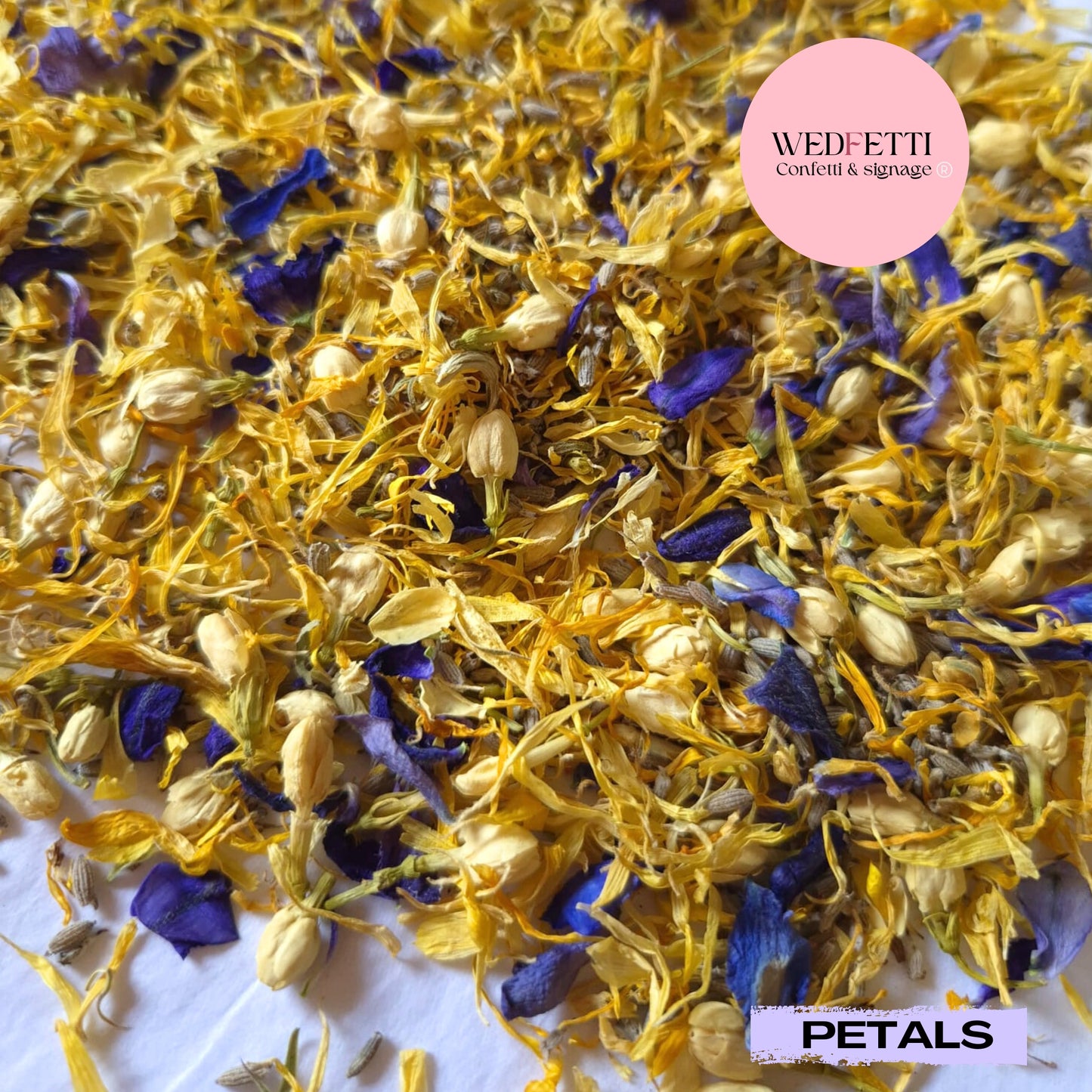 Petal Confetti Marigold Delphinium mix with jasmine buds + lavender